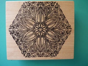 Ornate Floral Vine Medallion, Large Hexagon MAGENTA Rubber Stamp - Picture 1 of 2