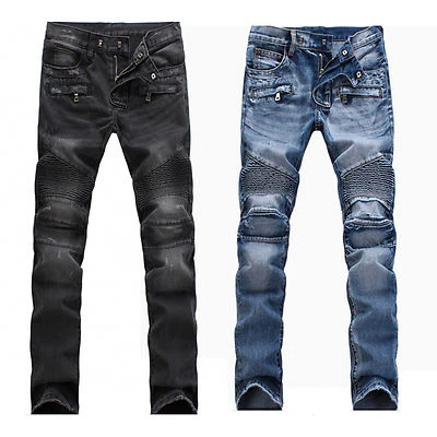 Mens France Style Distressed Moto Pants Biker Jeans Skinny Ripped Slim Fit New - Image 1 of 4