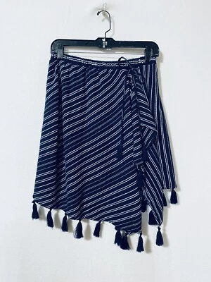 Aerie Womens Medium M Navy Blue Striped Wrap Skirt Tassel Hem Stretch Waist Boho - Image 1 of 4