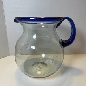 Hand Blown Large Glass Pitcher with Cobalt Blue Handle & Rim Margarita Mexican - Picture 1 of 10