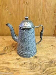 Grey Mottled Enamelware Gooseneck Spout Coffeepot with Tin Lid~ Vintage ~EN32 - Picture 1 of 5