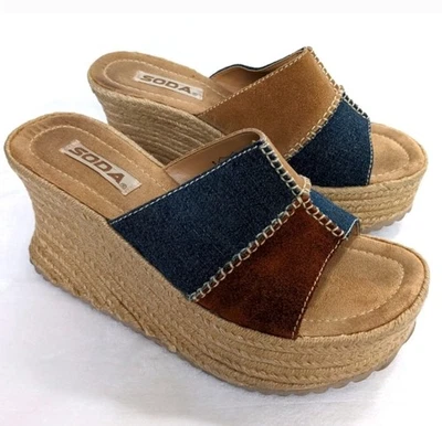 Sandalias de plataforma alpargata cuerda de soda gruesas retazos de cuero y mezclilla Y2K de colección Foto 1 de 4