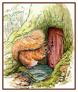 Beatrix Potter Squirrel Nutkin Knocks Door Counted Cross Stitch Chart Pattern - Picture 1 of 4