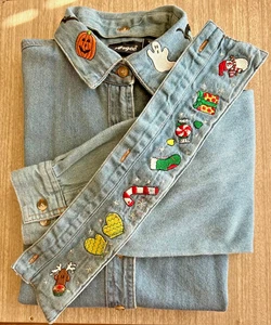 Women's 100% Cotton Denim Shirt W/Interchangeable Collars Halloween/Christmas - Picture 1 of 10