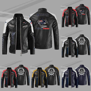New England Patriots Bomber Leather Jacket Vintage Motorcycle Biker Coat Outwear
