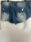 Ashley Stewart Blue Distressed Womens Denim Cut Off Shorts With Fringe Size 24