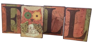 Fall Wood Shelf Letters 4 pcs Owl With Metal Wings Postcard Print Pattern Autumn - Picture 1 of 12