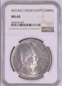 EGYPT S20PIA AH1341 1923H KING Fuad MS 60 Graded by NGC RARE - Picture 1 of 4