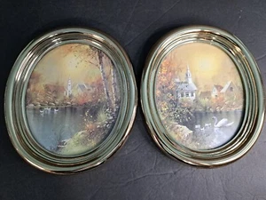 2 Homco Gold Framed Oval Pictures Church Swans - Picture 1 of 4