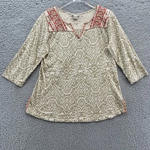 Lucky Brand Top Damen Large Boho Azteken 3/4 Arm Bluse beige hellbraun bestickt - Bild 1 von 10