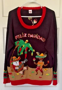 Holiday Time Black and Red Feliz Navidad Sweater with Dangling Chilis Size 1X - Picture 1 of 8
