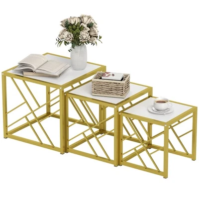 HOMCOM Set of 3 Nesting Coffee Tables Square End Tables w/ Metal Frame White - Image 1 of 4
