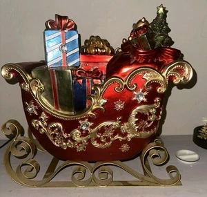 Large Lighted Christmas Sleigh Presents Tree 19X8X14 Resin Metal Skids Battery - Picture 1 of 13