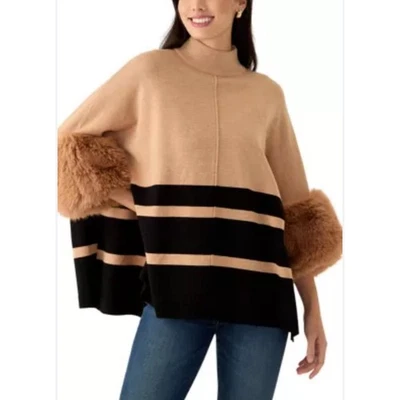Philosophy Mock Neck Stripe Fur Cuff Poncho Sz XL - Image 1 of 4