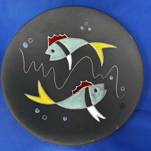 German Keto Keramik Hand-made MCM Black Plate With Colorful Fish  - Picture 1 of 14