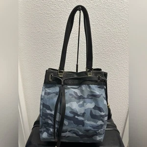 G.I.L.I. Black Leather Blue Camouflage Print Fabric Tote Shoulder Handbag - Picture 1 of 13
