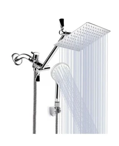 10" High Pressure Rainfall Shower Head /Handheld Shower Combo 9 Settings Chrome - Picture 1 of 8