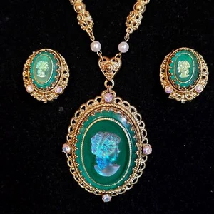 Vintage grünes Glas opalisierend irisierend Kamee Halskette/Ohrringe gold vergoldet filigran - Bild 1 von 13