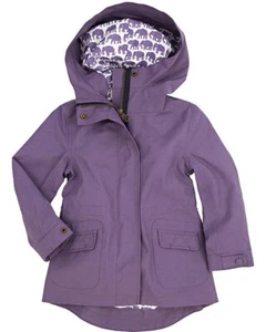 Giacca antipioggia elefanti Hatley bambina soft shell taglia 5 viola tasche cappuccio mai indossata - Foto 1 di 23