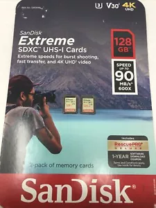 (2)SanDisk Extreme 128 GB SDXC memory card SD 128GB 90MB/s Class 10 + Rescue Pro - Picture 1 of 3