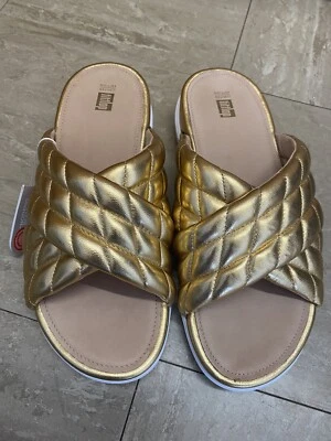 Fitflop UK 8 Cross Slide Sandals Leather Limited Edition Metallic Gold Golden - Image 1 of 4