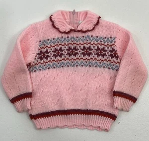 VTG Toddler Girls Sweater Snowflake Fairy Kei Fair Isle Scalloped Collar Pink - Picture 1 of 7