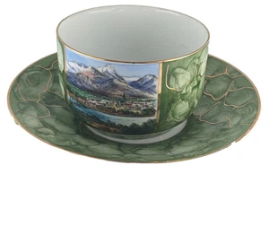 Vintage Bavarian Souvenir Cup & Saucer Set Green Scales w/Landscape Rosenheim - Picture 1 of 6