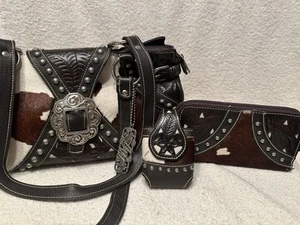 Borsa vintage American West in pelle di vacchetta, portafoglio abbinato e piccola custodia telefono - Foto 1 di 15