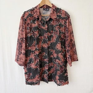 Vintage JAZ Shirt Top Size 20 Brown Black Animal Print Applique Distressed Sheer - Picture 1 of 15