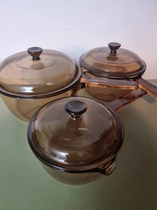 Vintage Vision Corning France 3 Saucepan Set. Pyrex Amber Glass - Picture 1 of 8