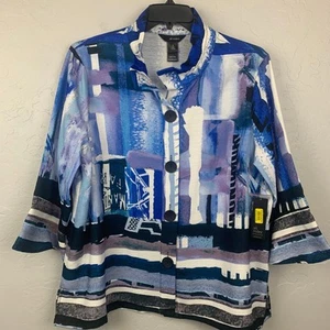 Top Ali Miles donna XL blu bianco stampa astratta manica 3/4 bottoni davanti nuovo con etichette - Foto 1 di 9