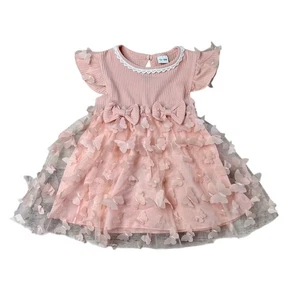 Lovely Pink Ribbed Knit & Sheer Butterfly Appliques Dress 12-18 months Babycore - Picture 1 of 7