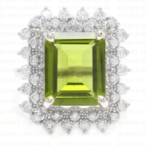 5.80ct Emerald Cut Natural Peridot & Diamond Wedding Ring 18K White Gold Plated - Picture 1 of 15