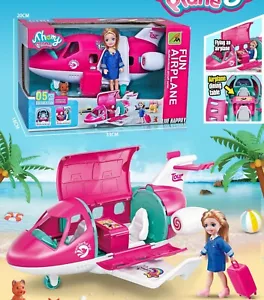 Girls Fashion Doll Barbie Airplane Vehicle Trip Pilot Doll Pink Playset For Kids - Picture 1 of 8