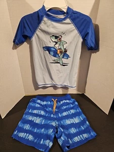 Boys Swim Set, Swim Shirt And Swim Trunks Size Small 5-6 Surfing Shark - Picture 1 of 6