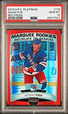 2019-20 O-Pee-Chee Platinum Adam Fox Red Prism /199 Marquee Rookie #178 PSA 10 - Image 1 of 2