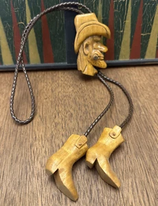 Wood Carved Bolo Tie Cowboy Tall Hat Boots Rope Mullet Cigar Signed 18" - Picture 1 of 9