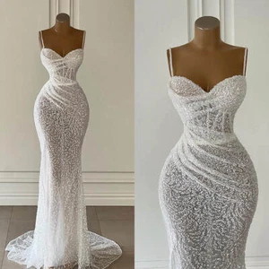 Wedding Dress Spaghetti Strap Split Mermaid Strapless Sequins Ruche Train Lace - Picture 1 of 10