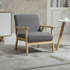 Minimalistic Accent Chair Wood Frame w/ Thick Linen Cushions Wide Seat Armchair