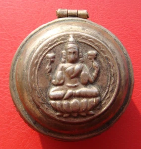 Antique India Lakshmi or Ganesh Brass silvered Hindi God Small Kumkum box - Picture 1 of 12