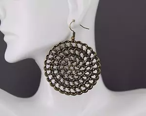 Bronze big huge earrings cut out filigree scroll round medallion circle 2.5"long - Picture 1 of 4