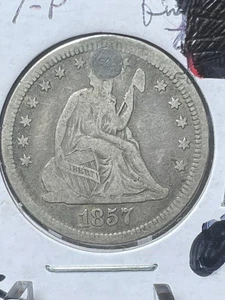 1857 Seated Liberty Quarter, Holed, Repaired, Good Details, 90% Silver  - Bild 1 von 6