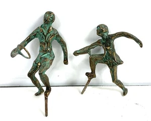 Vintage Solid Brass w/ Patina Man & Woman Figure Tennis Players Playing Tennis - Picture 1 of 10