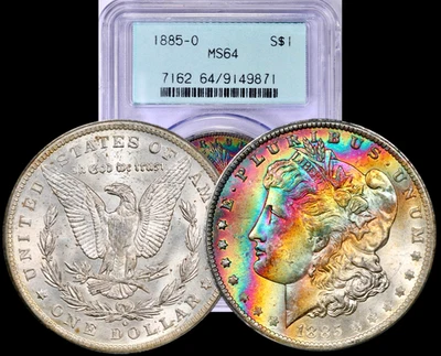 1885-O Morgan Silver Dollar PCGS MS64 Premium Classic Color Rainbow Toned OGH - Image 1 of 3
