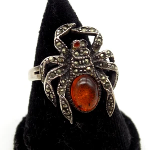 Vintage Sterling Silver Spider Ring Marcasite Amber Sz 6.5 Halloween - Picture 1 of 5