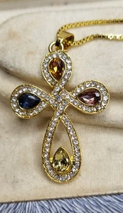 18K GOLD PLATED BOX NECKLACE & GOLD PLATED CROSS CRYSTAL GLASS RHINESTONES - Picture 1 of 13