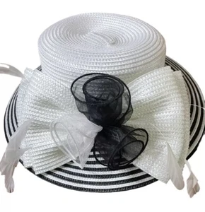 Women’s SWAN HAT New York Black  White Round Bow Church Wedding Derby Vtg - Picture 1 of 7