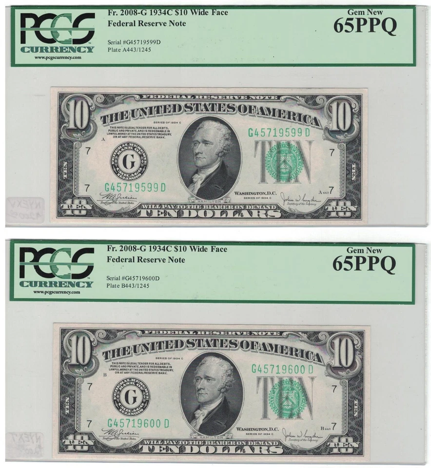 Nota da Reserva Federal de US$ 10 1934C PCGS 65PPQ números de série consecutivos 9599/9600. - Imagem 1 de 2