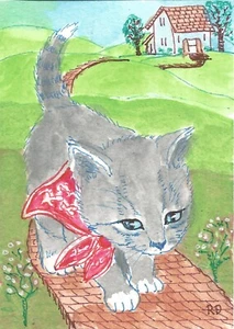 ACEO Original Watercolor "Going to Visit Friends" cat, red bandana whimsical - Picture 1 of 1