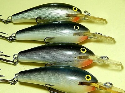 Lote de 4 señuelos antiguos Rapala Fat Rap FR07 S-plateados 14g/7cm buceo (1-2m)-sin caja Foto 1 de 4